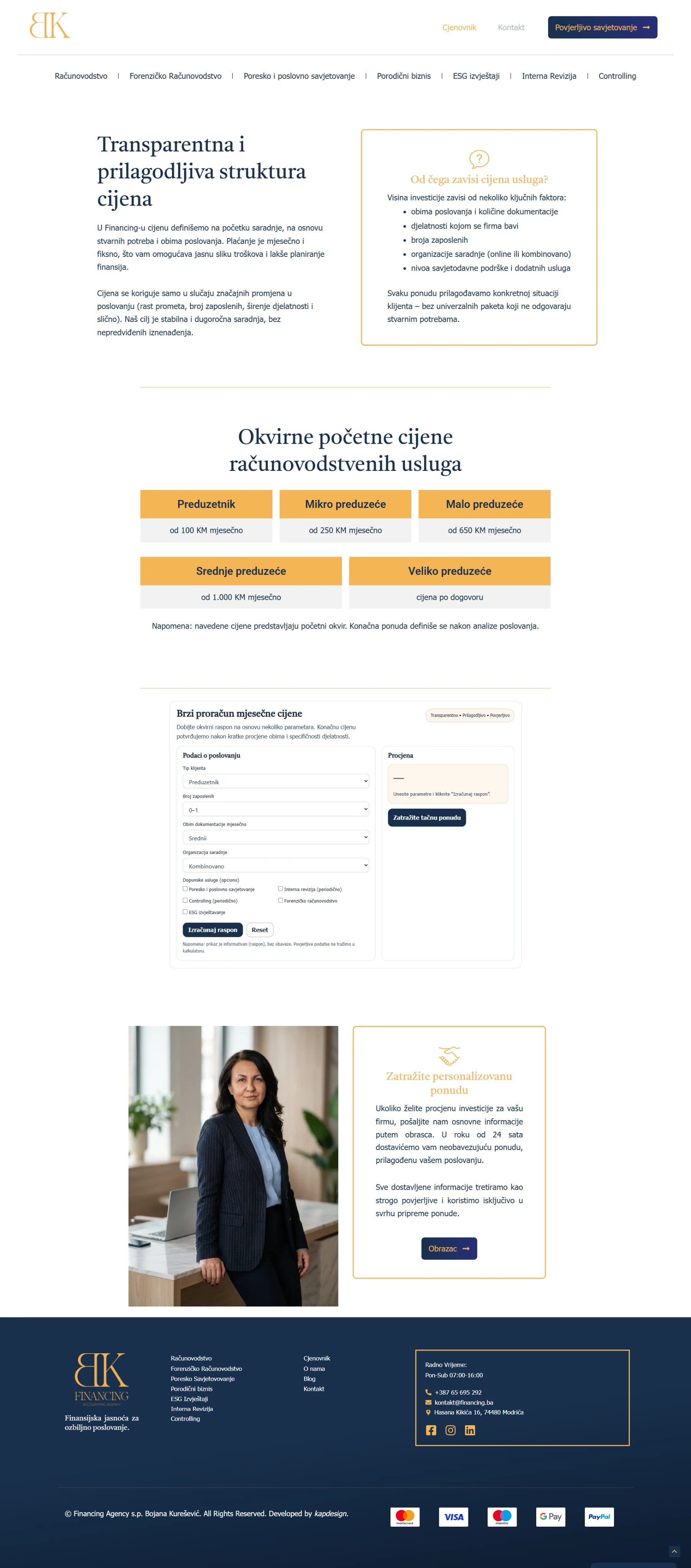 Financing’s pricing page, explaining the scope and starting prices of its services