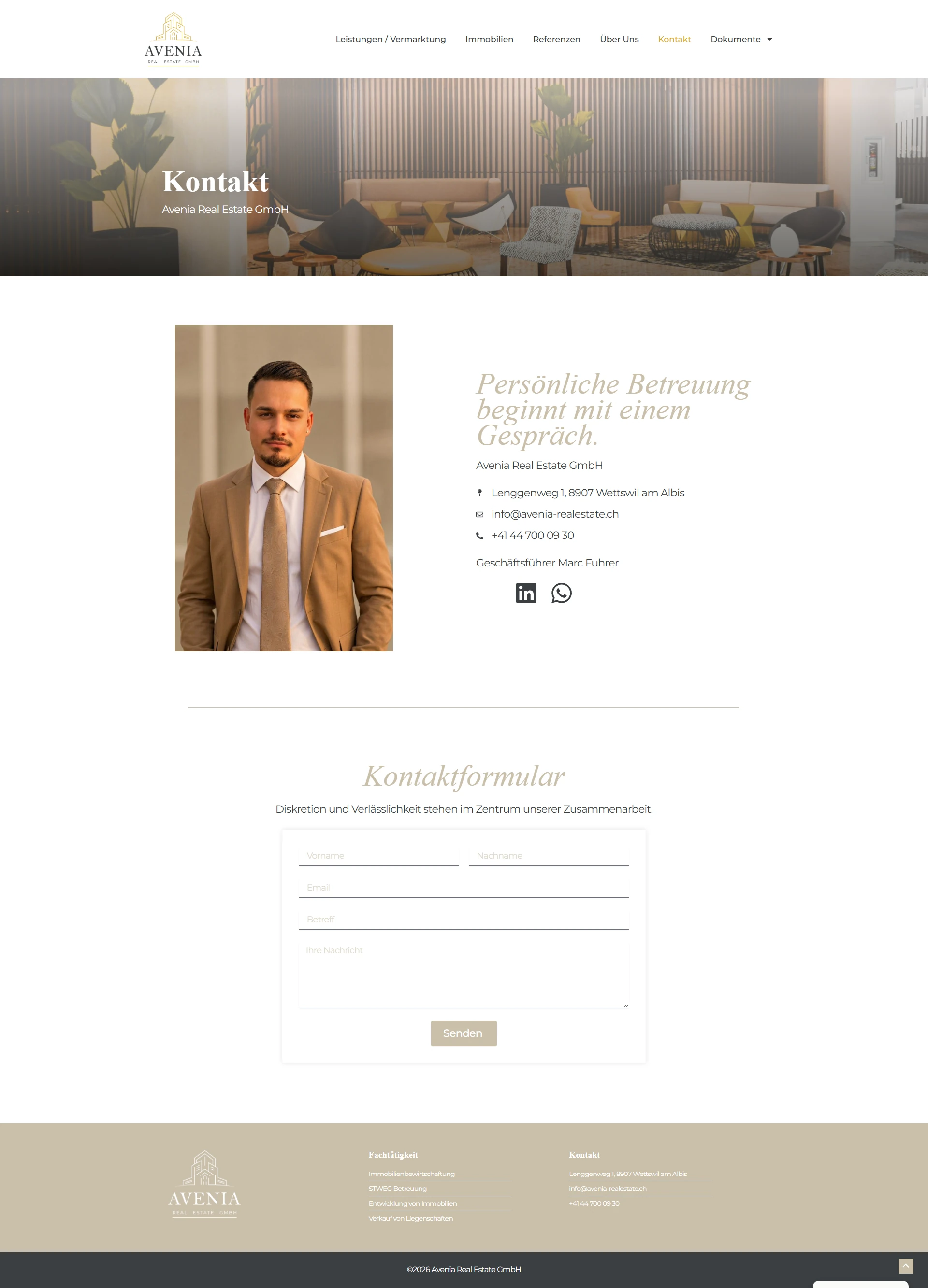 Avenia’s website contact page, with a personal introduction and enquiry form